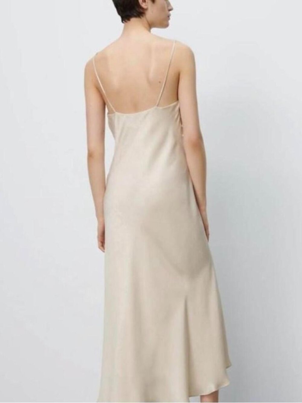 ZARA Cream Cowl Neck Satin-Effect Buttoned Slip Midi Dress Small 8604 - Picture 4 of 13